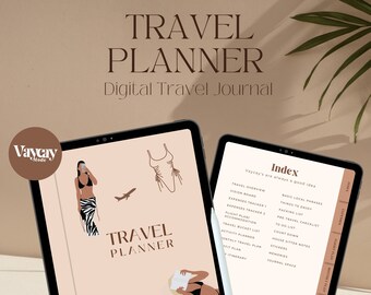 May include: A digital travel planner with a pink background and illustrations of a woman in a swimsuit, a plane, and flip flops. The text "TRAVEL PLANNER" is in brown text. The index includes sections for travel overview, vision board, expenses tracker, flight plan, accommodation, travel bucket list, monthly planner, activity tracker, fit plan, and itinerary.