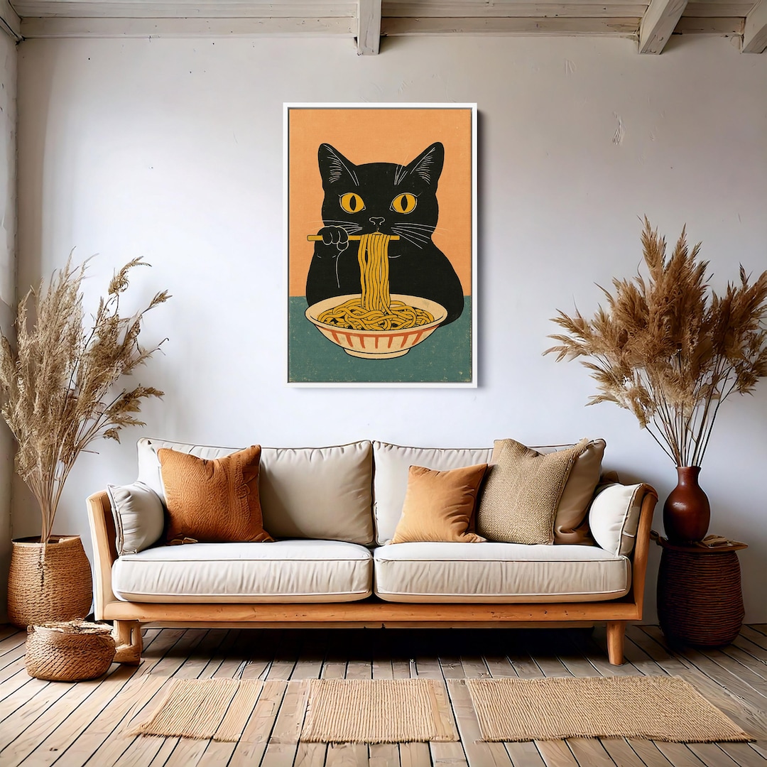 Funny Cat Eating Ramen Wall Art, Retro Japanese Noodle Poster, Cute ...