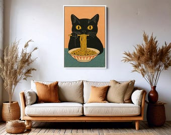 Funny Cat Eating Ramen Wall Art, Retro Japanese Noodle Poster, Cute Black Cat Illustration Print for Kitchen or Dining Decor