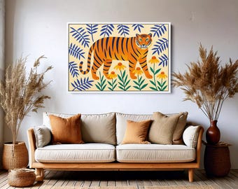 Arte mural colorido de tigre en la jungla: impresión moderna de tigre en la jungla con hojas y flores tropicales, póster de animales divertidos para tu sala de estar.