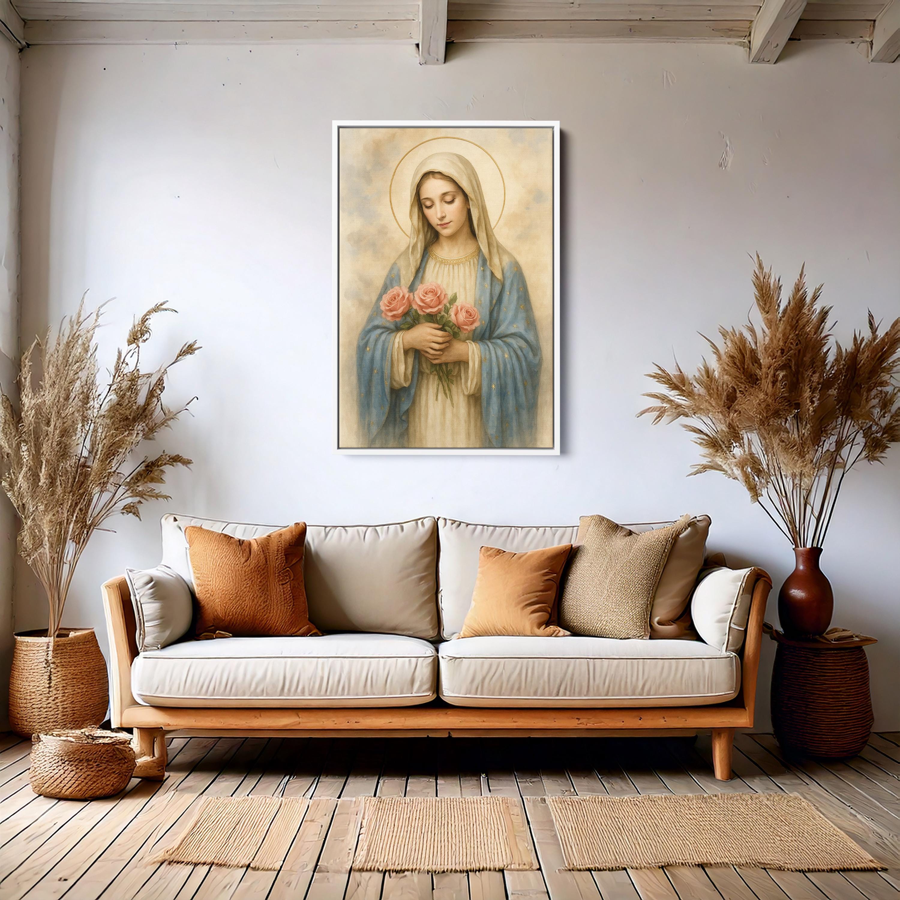 Virgin Mary w'th Rose Wall Art, Catholic Christian Religious Canvas, Holy Mother with Roses