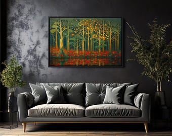 Colorful Forest Landscape Wall Art – Whimsical Autumn Tree Painting with Red Flowers, Nature-Inspired Horizontal Canvas for Living Room