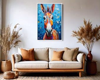 Colorful Donkey Art Canvas - Vibrant Farmhouse Animal Painting, Whimsical Donkey Portrait, Nature Lover Gift, Rustic Wall Decoe