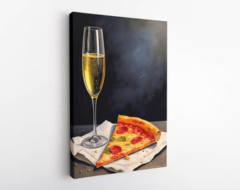 Champagne and Pizza Canvas Print  Demure Mindful Quirky Funny Whimsical  Cocktail Art Bar Cart Decor  Oil Painting Gift Kitchen Wall