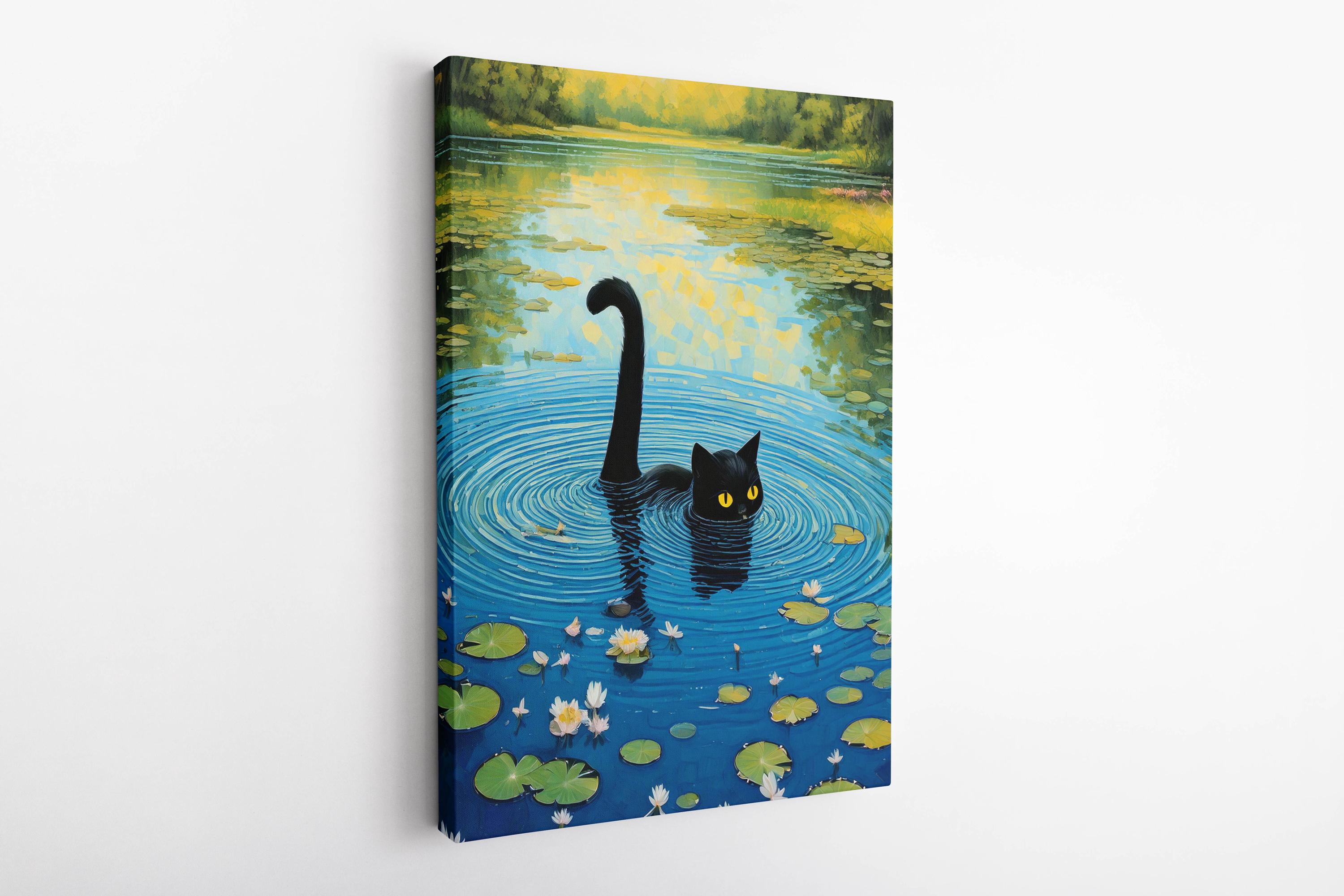 Claude Monet Water Lilies With Black Cat Poster, Preppy Wall art, Funky Wall Art, Funny Wall Art, Printable Wall Art, Black Cat Pond Prints