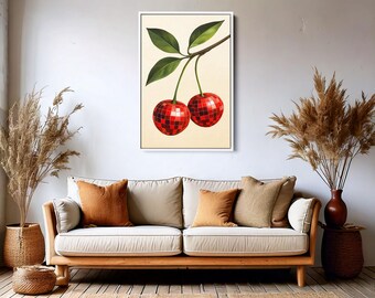 Disco Cherry Wall Art – Funky Pop Art Fruit Print with Red Mirror Ball Look – Retro Modern Kitchen or Party Room Decor for Bold Interiors