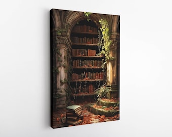 Bokhandelsmålning i vintagestil, bibliotekstryck, väggkonst för bokälskare, illustration av bibliotekarienörd, mörk akademi, bibliotekshemkonst