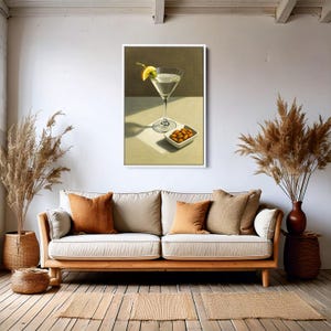 Arte mural con copa de martini: póster minimalista de cóctel con limón y almendras. Decoración moderna de bar para cocina, salón o comedor.