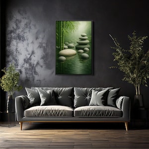 Zen Bamboo Garden Wall Art – Tranquil Stacked Stones Canvas for Spa, Yoga Studio, or Meditation Room Decor