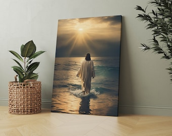 Jesus Walking on Water Poster Painting Print Bible Verse Wall Art Gift Trendy Living Room Home Decor Framed Canvas Christian Nursery Decor