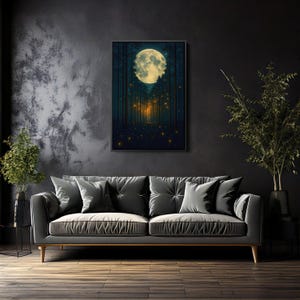 Vollmond Wald Wandbild, Mystische Nachthimmel Leinwand Druck, Dunkles Wald Dekor