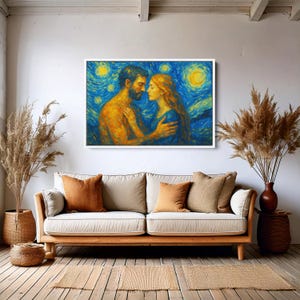 Starry Night Couple Wall Art, Romantic Lovers Painting Print, Famous Design Inspired Bedroom Decor, Emotional Blue Yellow Canvas Art