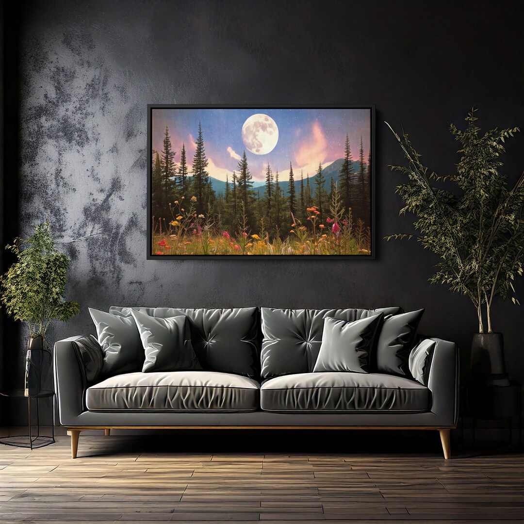 Framed Moonlit Pine Forest Canvas | Full Moon & Wildflowers Art Print ...