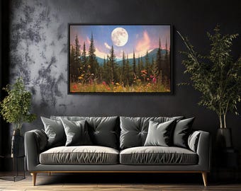 Framed Moonlit Pine Forest Canvas | Full Moon & Wildflowers Art Print | Rustic Mountain Landscape | Woodland Nature Wall Decor