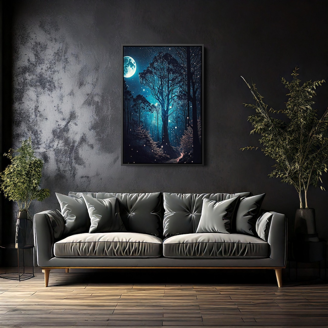 Moon & Stars Wall Art, Mystical Night Sky Canvas, Vintage Forest ...