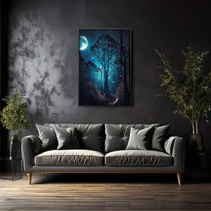 Mond & Sterne auf Leinwand, mystischer Nachthimmel, Leinwand, Vintage Waldlandschaft, dunkle Natur Dekoration, Midnight Moonlight Print für Bauernhaus