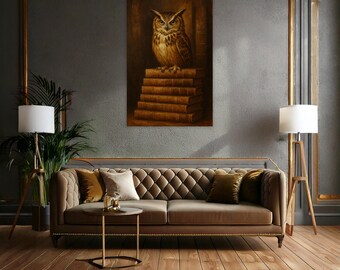 Canvas muurkunst uil op boeken – print in gotische academische stijl voor studie- of bibliotheekdecoratie