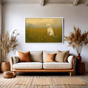Dog Wall Art, Floral in Field Canvas Print, Pastel Pet Landscape Poster, Peaceful Dog Painting for Home Decor
