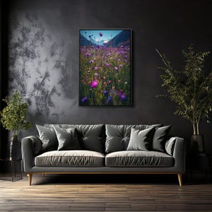 Wildflower Field Framed Wall Art, Vintage Botanical Landscape, Rustic Floral Canvas, Farmhouse Wall Decor, Field of Flowers Artwork