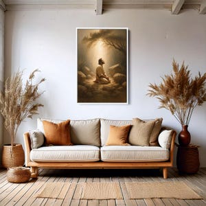 Praying Man Under Divine Light Wall Art – Spiritual Christian Poster – Religious Faith-Based Canvas for Prayer Room or Peaceful Home Decor