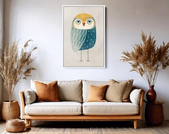 Minimalist Owl Wall Art Print, Scandinavian Animal Poster, Cute Nordic Bird Canvas for Kids Room or Nursery Decor