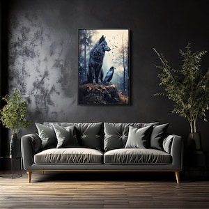 Wolf Raven Art Print, Dark Gothic Fantasy Wall Decor, Mystical Forest Wildlife, Symbiotic Animal Artwork, Crow & Wolf Nature Lover Gift