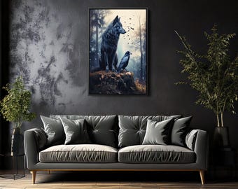 Wolf Raven Art Print, Dark Gothic Fantasy Wall Decor, Mystical Forest Wildlife, Symbiotic Animal Artwork, Crow & Wolf Nature Lover Gift