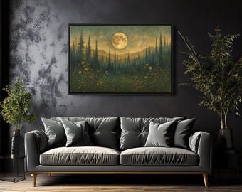 Full Moon Over Forest Landscape Canvas – Tranquil Wildflower Meadow and Pine Tree Wall Art for Rustic Nature-Inspired Home Decor