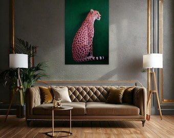 Rosa gepard på grönt konsttryck, djärv djurväggkonst, smaragdgrön modern inredning, maximalistisk stiluttryck, modern canvas med vilda djur