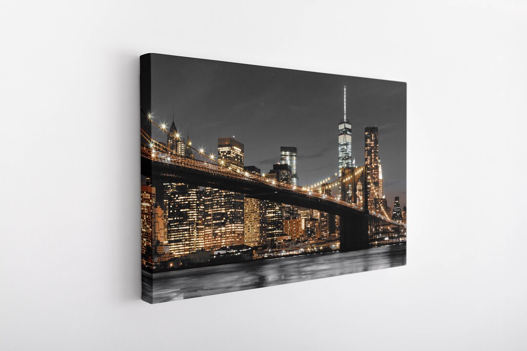 New York Brooklyn Bridge at Night Canvas Wall Art, Manhattan at Night ...