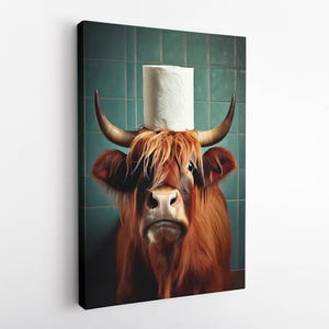 Arte per il bagno con mucca delle Highlands, decorazioni divertenti per il bagno, cartello divertente per il bagno, poster con animali, decorazioni con rotoli di carta igienica, decorazioni per le pareti del bagno