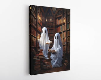 Ghost Reading in a Library Poster, Halloween Wall Art, Dark Academia Book Decor, Ghost Reading, Halloween Decor