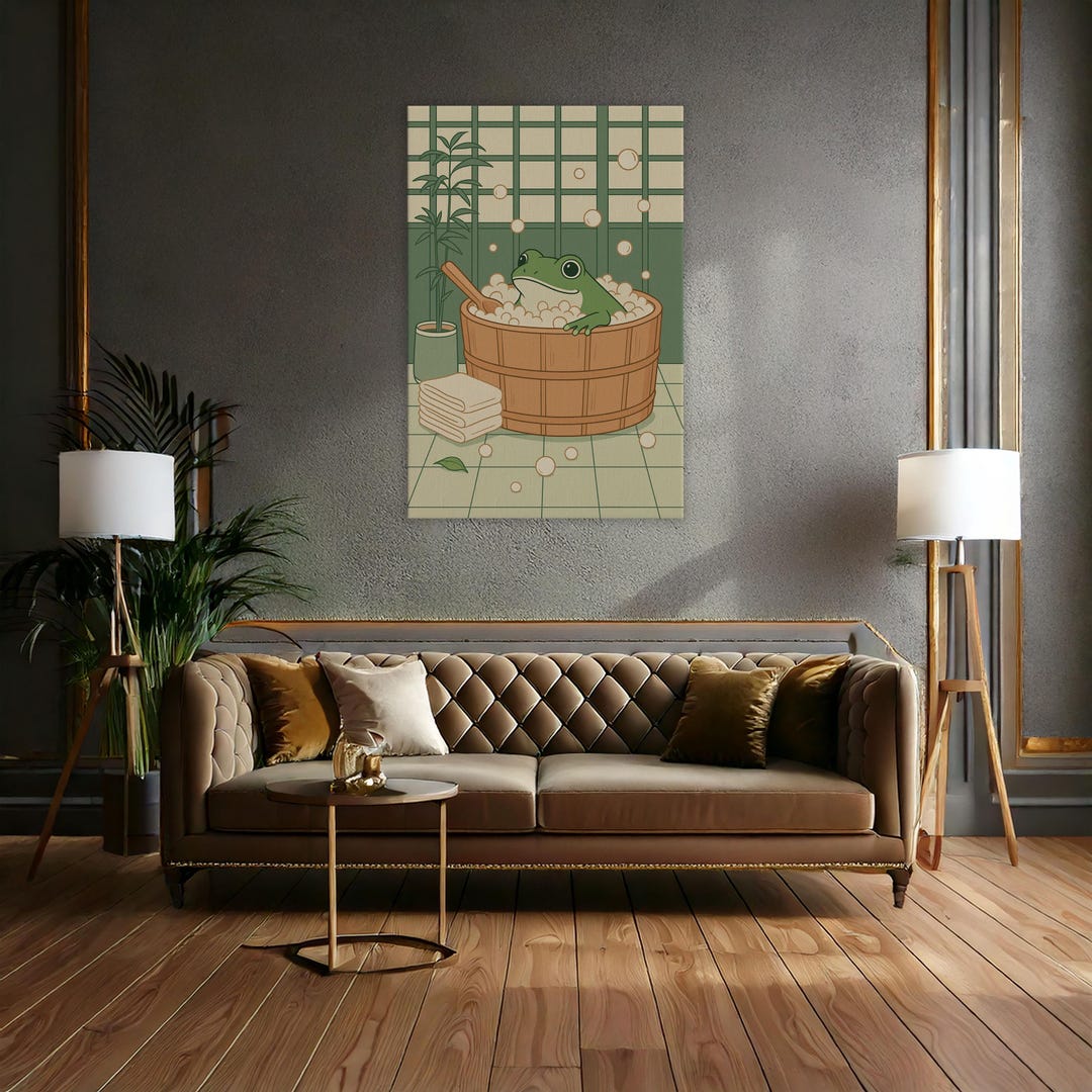 Frog in Bubble Bath Wall Art – Cute Japanese Style Bathroom Poster ...