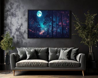 Księżyc i gwiazdy wydruk ścienny | Mistyczne nocne niebo płótno | Vintage ciemny krajobraz leśny | Niebiańska natura wystrój domu