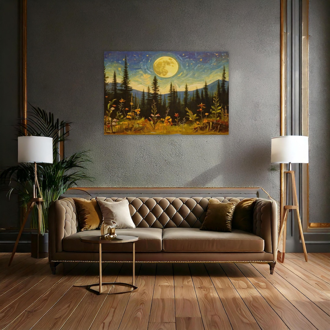 Moonlit Pine Tree Canvas | Full Moon Wildflower Print | Rustic Mountain ...