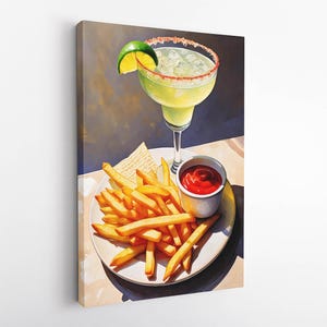 Margarita i frytki Sztuka, Zabawne płótno, Sztuka koktajlowa Bar, Dekoracja ścienna wózka, Dekoracja ścienna kuchni, Wystrój domu, Sztuka ścienna, Malarstwo trendowe,