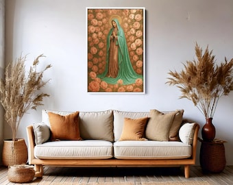 Virgin Mary Surrounded by Roses Catholic Christian Wall Art – Floral Religious Canvas for Living Room or Prayer Corner