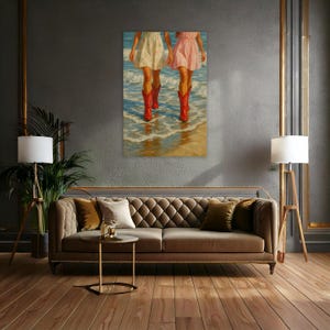 Cowgirl Beach Art Print – Red Boots Wall Art, Western Coastal Poster, Country Girl Decor, Summer Ocean Painting for Rustic Living Room