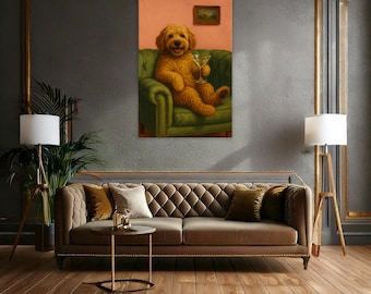 Cane con Martini - Poster da parete con cane da cocktail divertente su sedia verde - Tela con animali stravaganti per salotto, bar o arredamento per la casa per amanti degli animali.