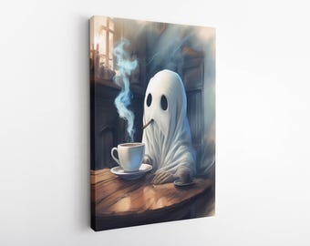 Ghost Drink Coffee, Funny Ghost Art, Cute Ghost Canvas, Halloween Gift, Spooky Season, Vintage Halloween Wall Art, Halloween Decor