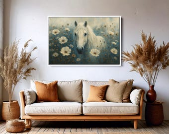 May include: A white horse with a long mane stands in a field of white flowers. The horse is looking directly at the viewer. The background is a soft blue.