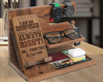 Personalized Gifts for Engineer - Wood Phone Docking Station, Desk Organizer - Custom Engineer Gift, Gift for Engineer, Engineer Graduation