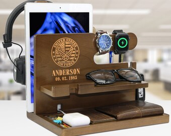 Personalized Docking Station for US Air Force: Docking Station, Wooden Desk Organizer - Perfect Gifts for Air Force Soldier, Gifts for Pilot