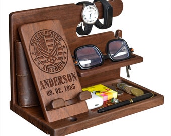 Personalized Gifts for Air Force - Wood Phone Docking Station, Nightstand Organizer, Gift Ideas for Anniversary, Birthday Gifts for Men