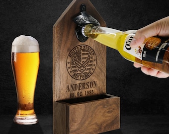 Personalized Air Force Beer Bottle Opener Gift : Wall Mounted - Wood Beer Bottle Cap Opener, Ideal Gift for Him on wedding and soldier party