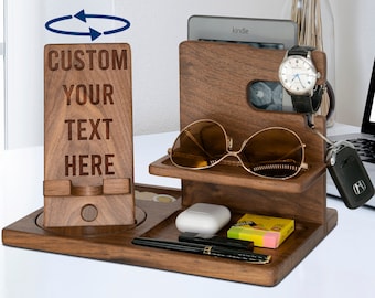 Custom Text Gifts for Men - Wood Phone Docking Station, Nightstand Organizer, Gift Ideas for Special Anniversary, Birthday Gifts for Men