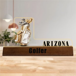 Customized Golfing Desk Name Plate, Golf Lover Desk Nameplate, Golfer Desk Decor, Golf Office Decor, Acrylic Name Plate with Wooden Base