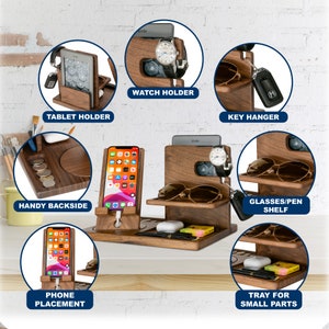 Personalized Gifts for Alphabet Name - Wood Phone Docking Station, Nightstand Organizer, Gift Ideas for Anniversary, Birthday Gifts for Men