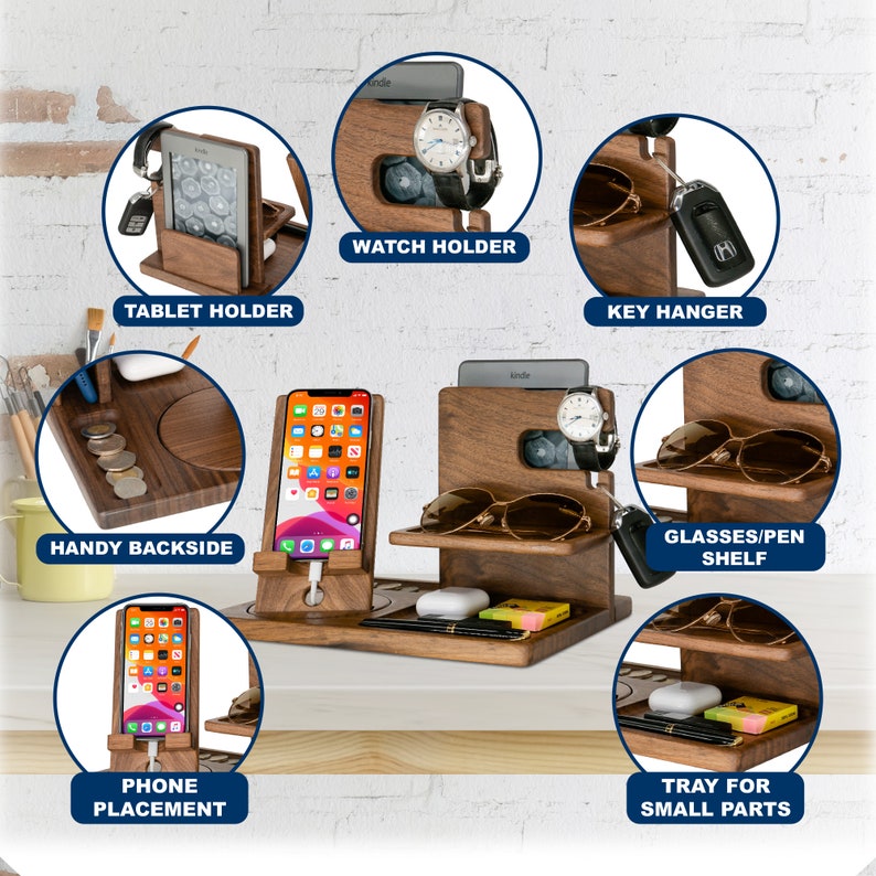 Personalized Gifts for Alphabet Name - Wood Phone Docking Station, Nightstand Organizer, Gift Ideas for Anniversary, Birthday Gifts for Men