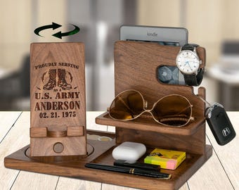 Personalized Army Gift – Wood Phone Docking Station, Desk Organizer, Custom Soldier Gift, Military Gift for Men